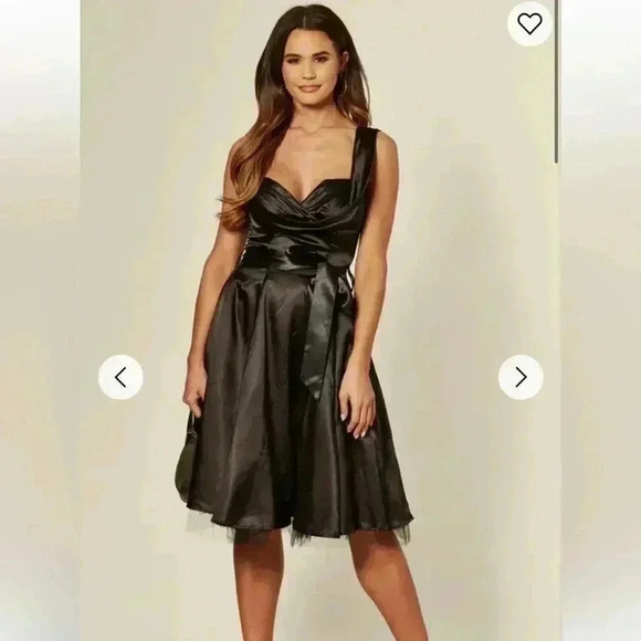 Hearts and Roses London Black Satin Skater Dress With Ruched Front Size Medium - Picture 1 of 11